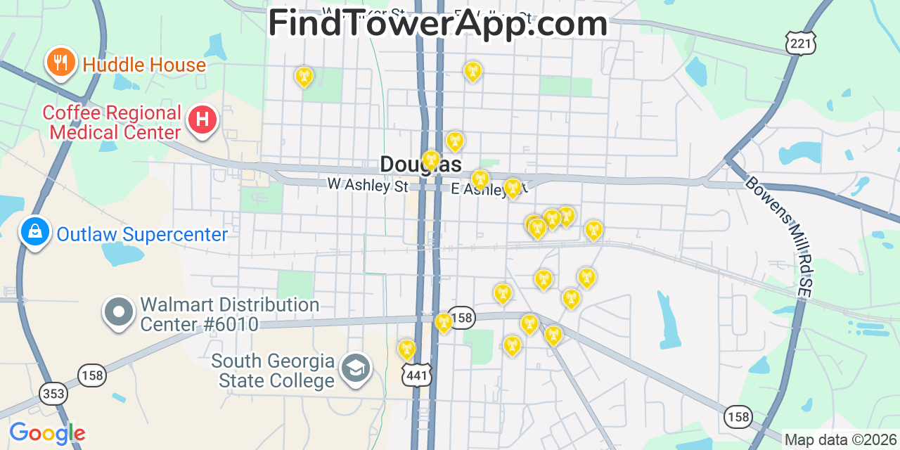 Map showing the 20 primary cell tower locations detected in Douglas, Georgia from AT&T, Verizon, and T-Mobile networks