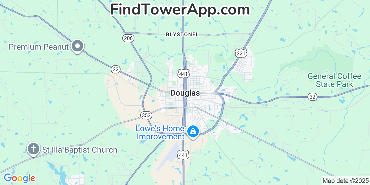 Map showing the 20 primary Mobitel cell tower locations detected in Douglas, Georgia with coverage radius and signal strength indicators