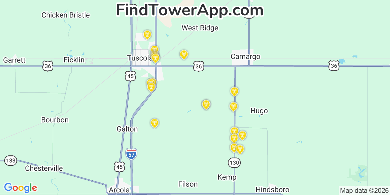 Map showing the 20 primary cell tower locations detected in Douglas, Illinois from AT&T, Verizon, and T-Mobile networks