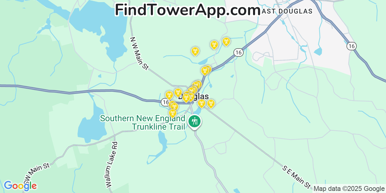 Map showing the 20 primary cell tower locations detected in Douglas, Massachusetts from AT&T, Verizon, and T-Mobile networks