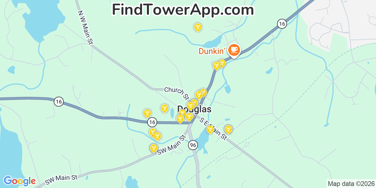 Map showing the 20 primary cell tower locations detected in Douglas, Massachusetts from AT&T, Verizon, and T-Mobile networks