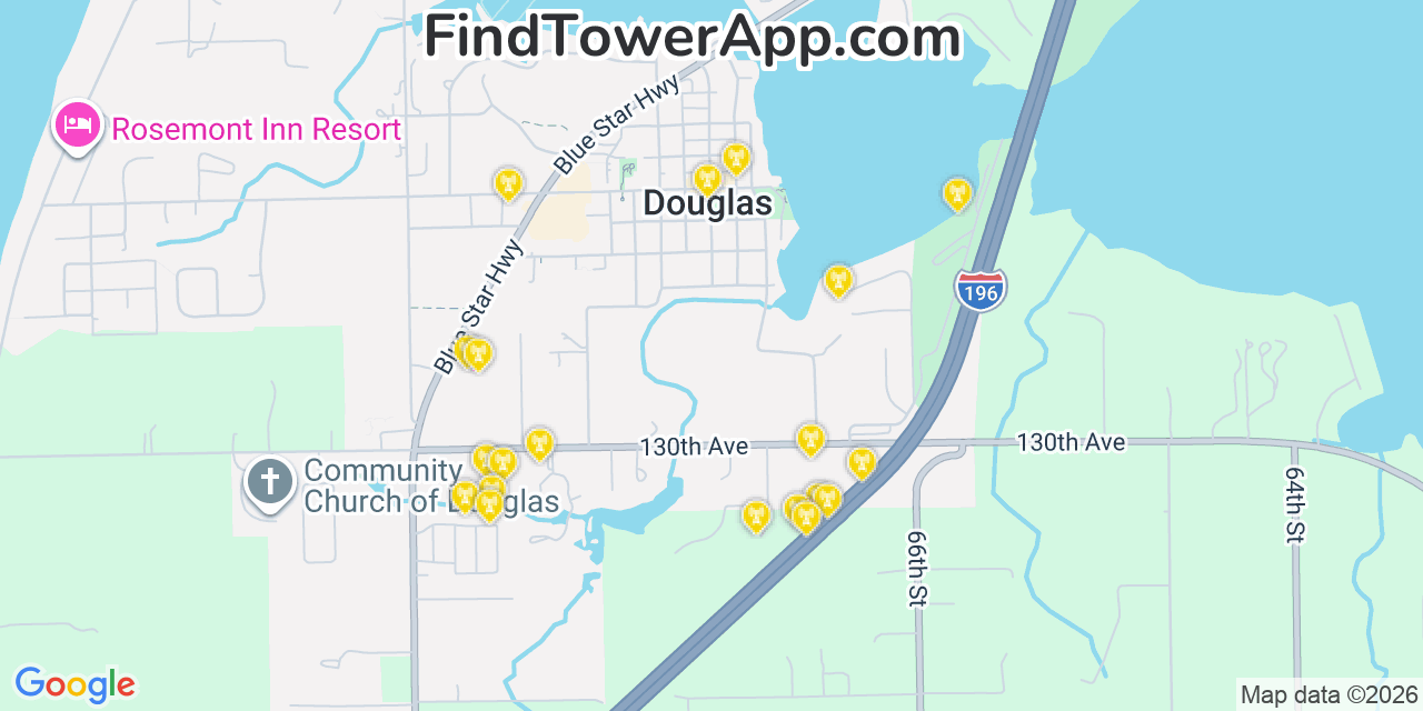 Map showing the 20 primary cell tower locations detected in Douglas, Michigan from AT&T, Verizon, and T-Mobile networks