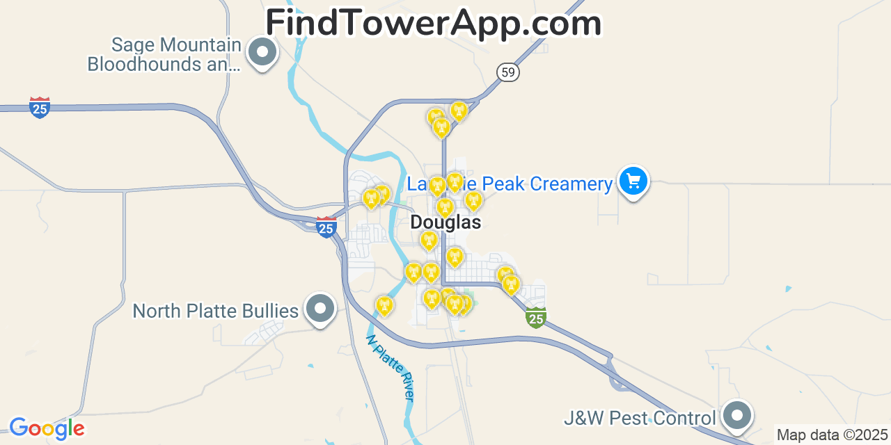 Map showing the 20 primary cell tower locations detected in Douglas, Wyoming from AT&T, Verizon, and T-Mobile networks