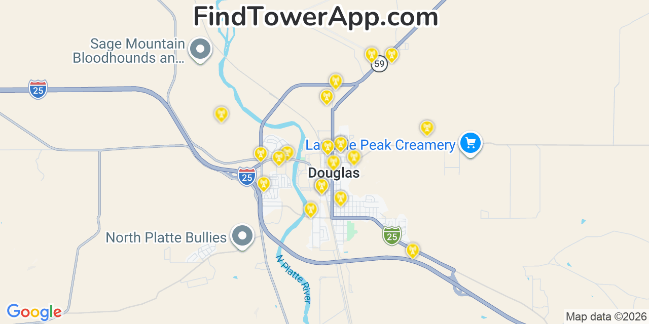 Map showing the 20 primary cell tower locations detected in Douglas, Wyoming from AT&T, Verizon, and T-Mobile networks