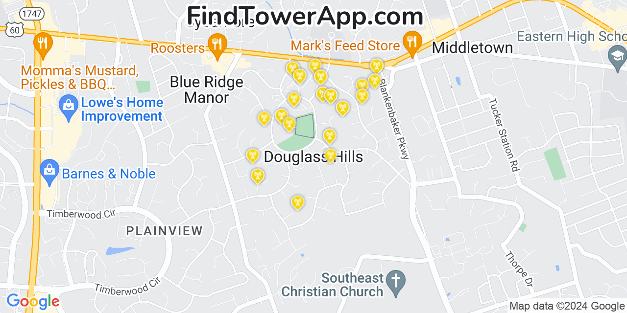 AT&T 4G/5G cell tower coverage map Douglass Hills, Kentucky