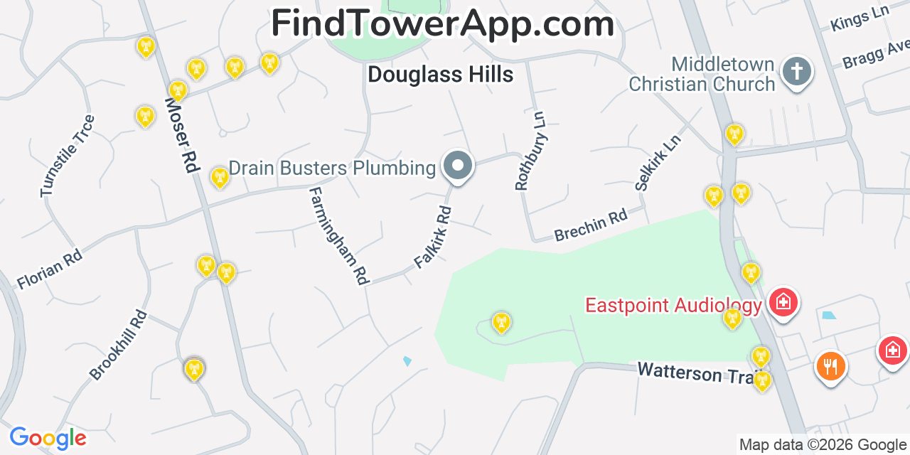 Map showing the 20 primary cell tower locations detected in Douglass Hills, Kentucky from AT&T, Verizon, and T-Mobile networks