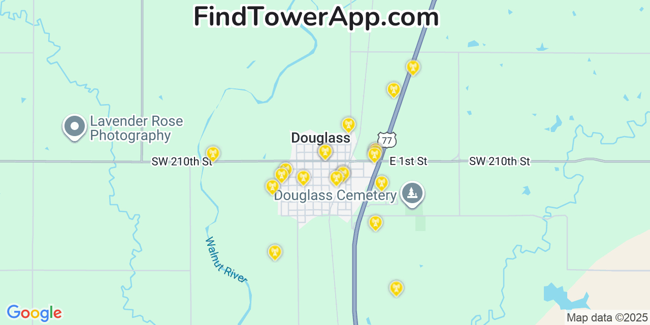 Map showing the 20 primary cell tower locations detected in Douglass, Kansas from AT&T, Verizon, and T-Mobile networks