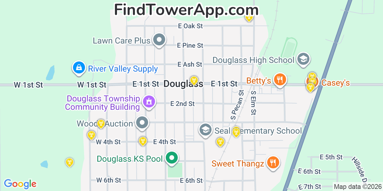 Map showing the 20 primary cell tower locations detected in Douglass, Kansas from AT&T, Verizon, and T-Mobile networks