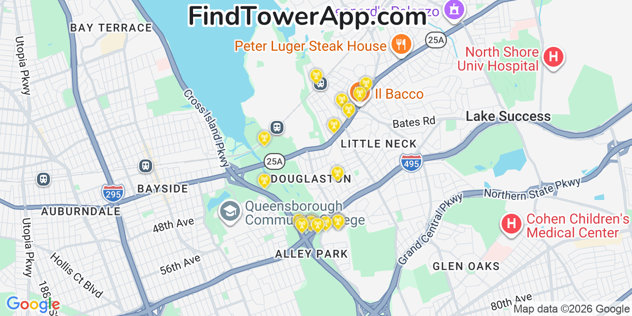 Map showing the 20 primary cell tower locations detected in Douglaston, New York from AT&T, Verizon, and T-Mobile networks