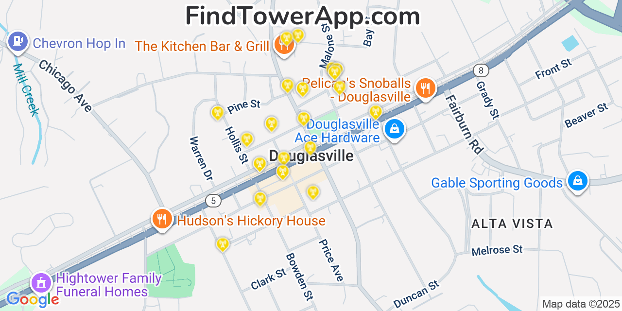 Map showing the 20 primary cell tower locations detected in Douglasville, Georgia from AT&T, Verizon, and T-Mobile networks