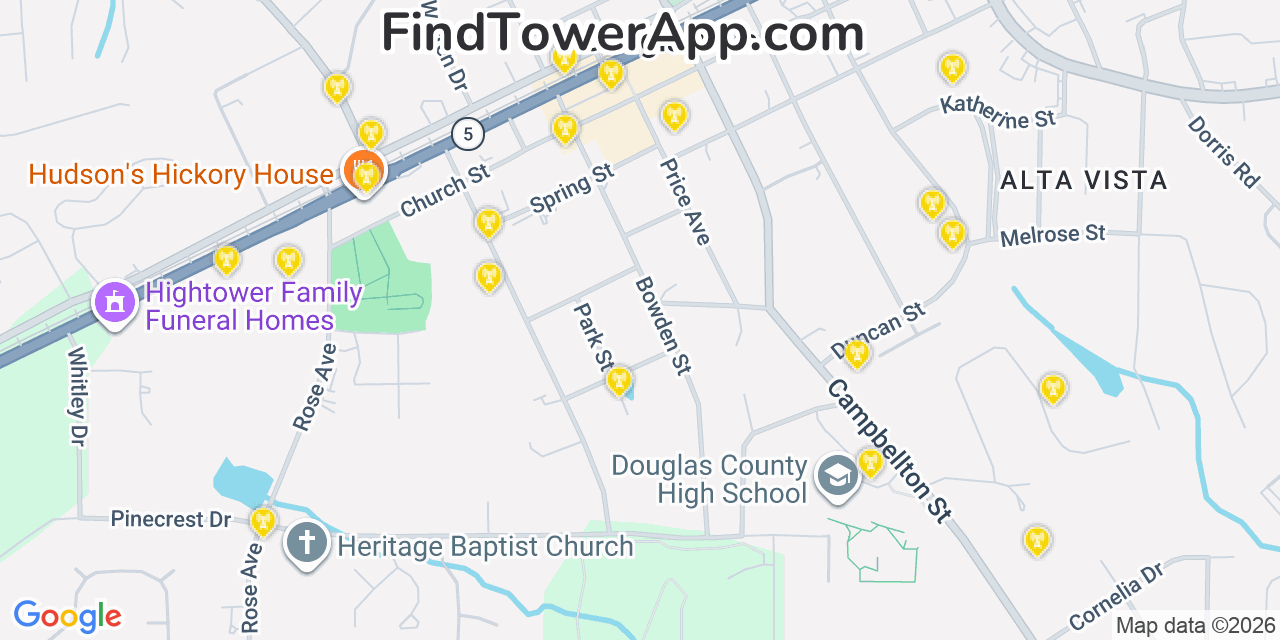 Map showing the 20 primary cell tower locations detected in Douglasville, Georgia from AT&T, Verizon, and T-Mobile networks