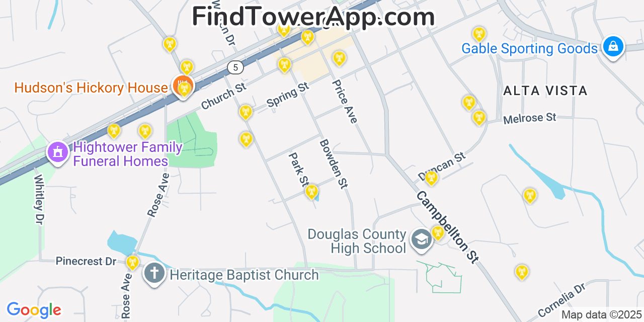 Map showing the 20 primary Mobitel cell tower locations detected in Douglasville, Georgia with coverage radius and signal strength indicators