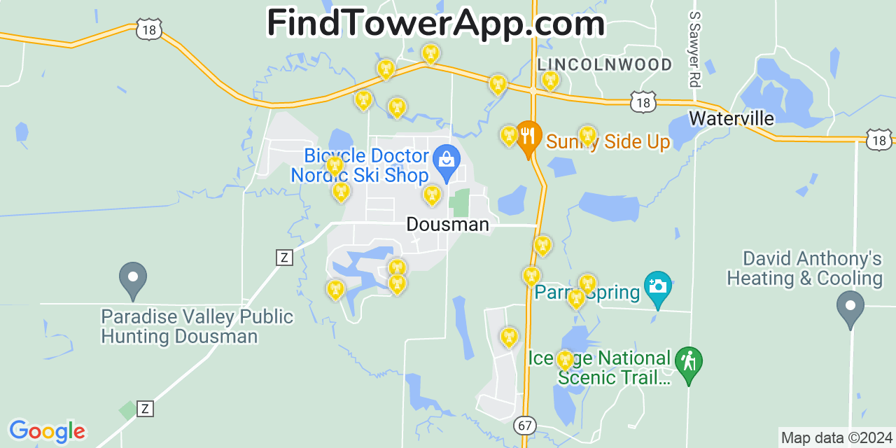 AT&T 4G/5G cell tower coverage map Dousman, Wisconsin