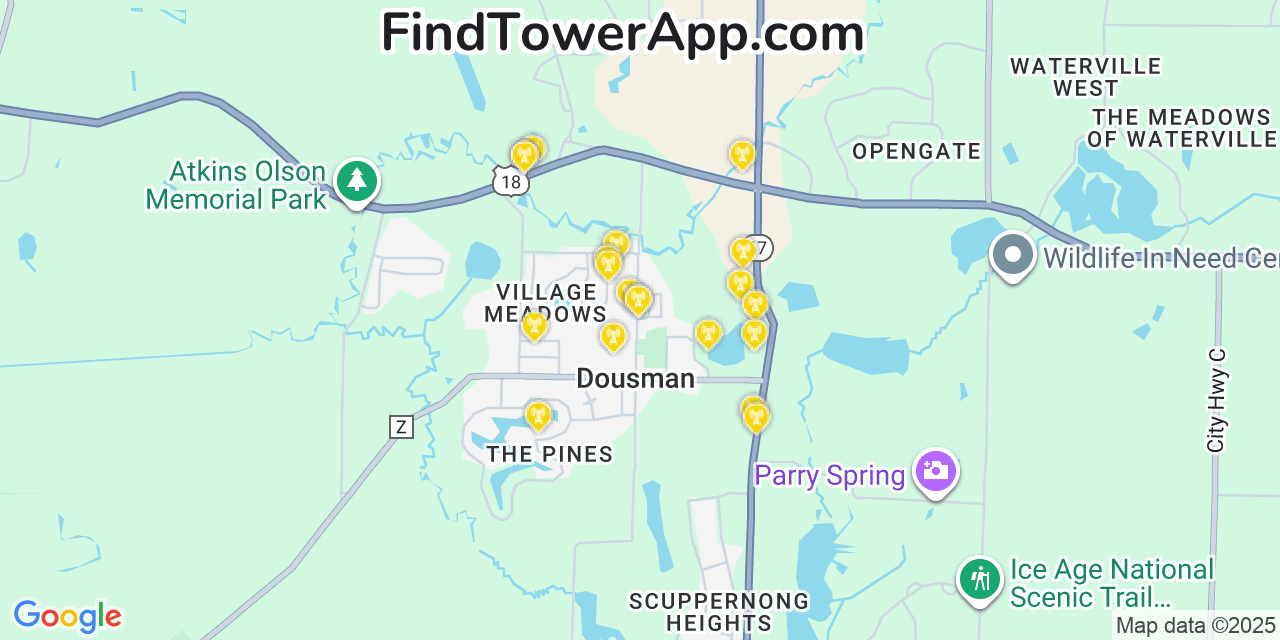 Map showing the 20 primary cell tower locations detected in Dousman, Wisconsin from AT&T, Verizon, and T-Mobile networks