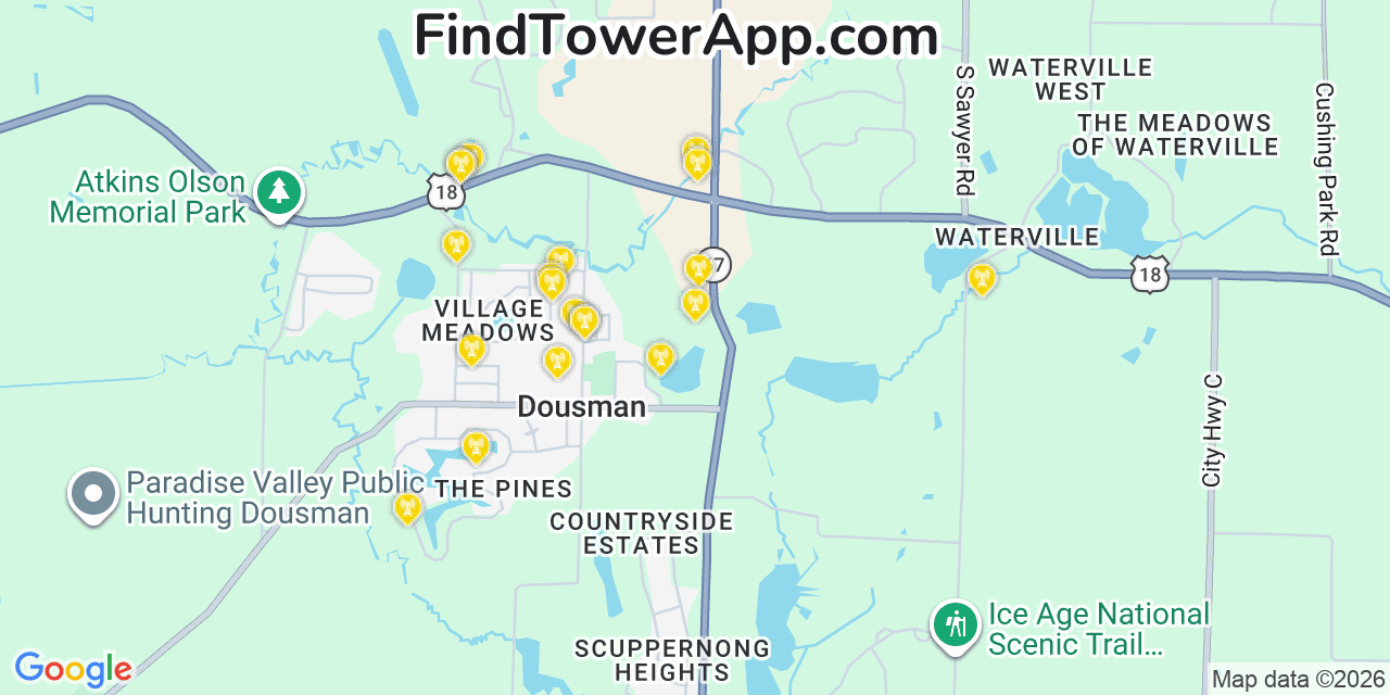 Map showing the 20 primary cell tower locations detected in Dousman, Wisconsin from AT&T, Verizon, and T-Mobile networks