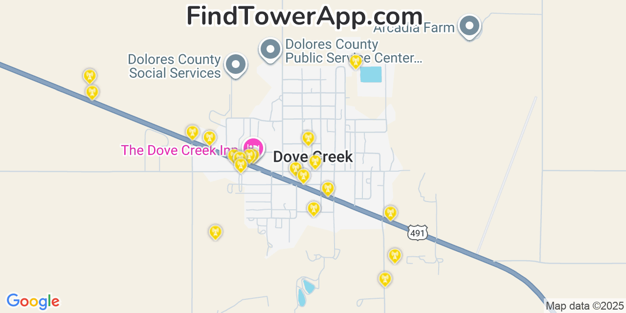 Map showing the 20 primary cell tower locations detected in Dove Creek, Colorado from AT&T, Verizon, and T-Mobile networks