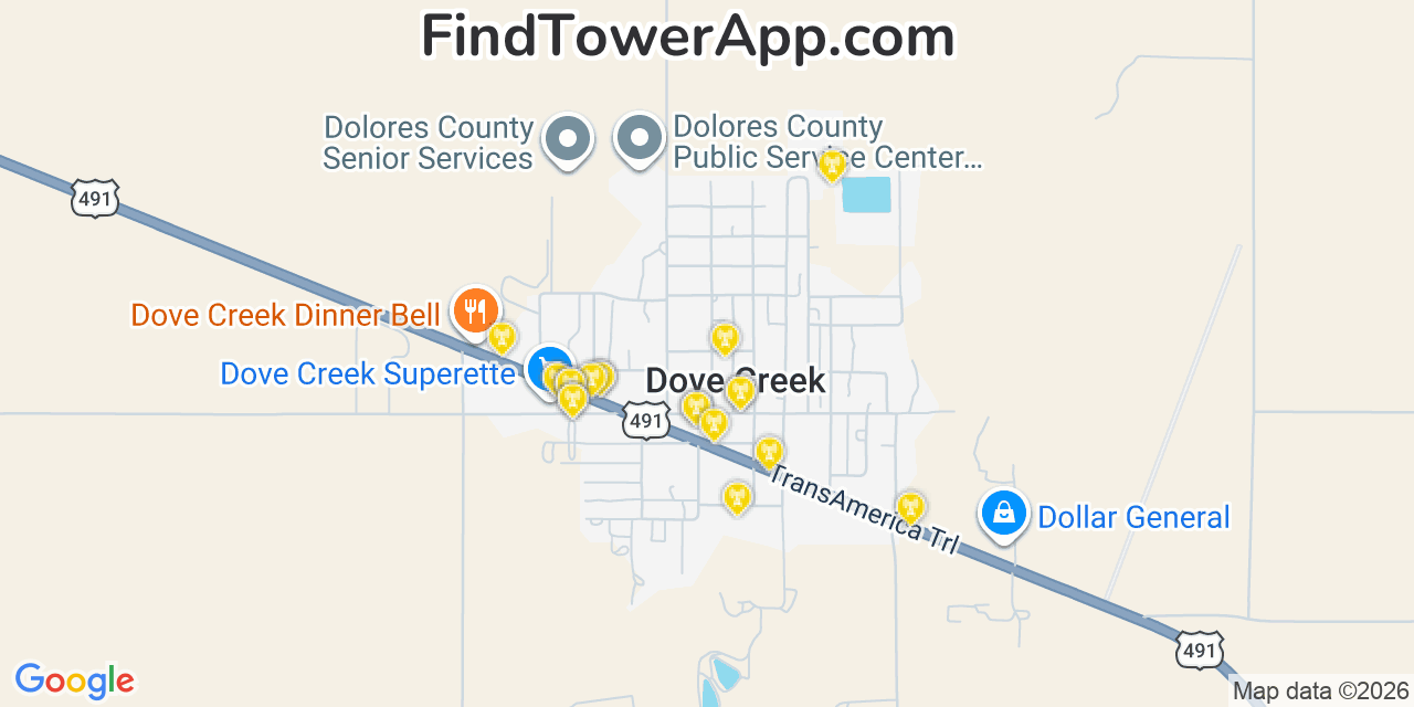 Map showing the 20 primary cell tower locations detected in Dove Creek, Colorado from AT&T, Verizon, and T-Mobile networks