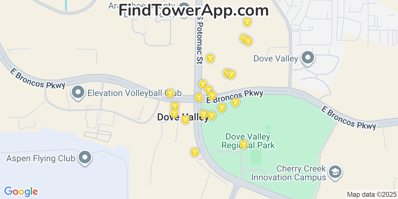 Map showing the 20 primary cell tower locations detected in Dove Valley, Colorado from AT&T, Verizon, and T-Mobile networks