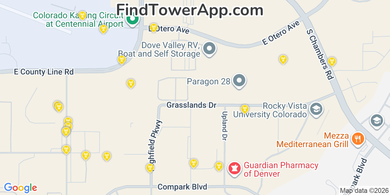 Map showing the 20 primary cell tower locations detected in Dove Valley, Colorado from AT&T, Verizon, and T-Mobile networks