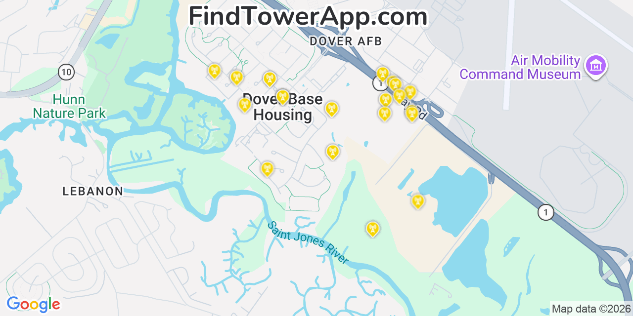 Map showing the 20 primary cell tower locations detected in Dover Base Housing, Delaware from AT&T, Verizon, and T-Mobile networks