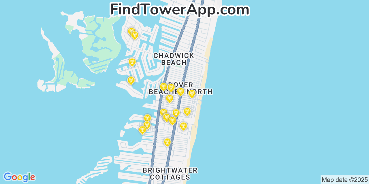 Map showing the 20 primary cell tower locations detected in Dover Beaches North, New Jersey from AT&T, Verizon, and T-Mobile networks