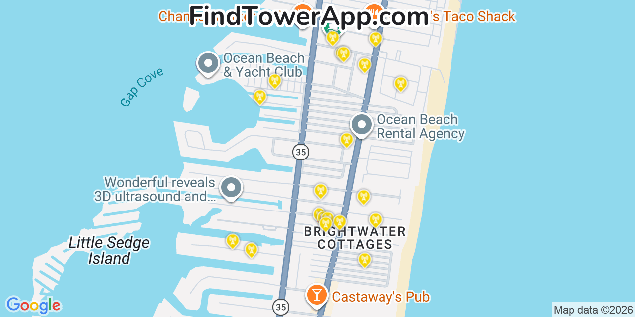 Map showing the 20 primary cell tower locations detected in Dover Beaches North, New Jersey from AT&T, Verizon, and T-Mobile networks