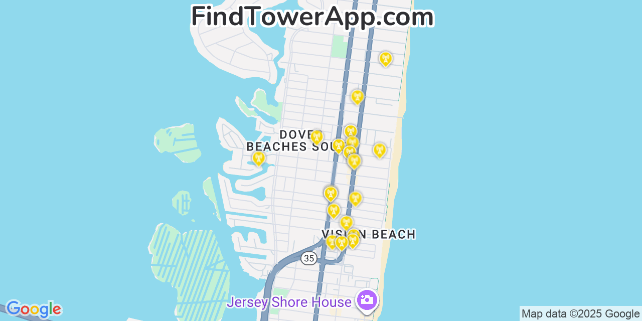 Map showing the 20 primary cell tower locations detected in Dover Beaches South, New Jersey from AT&T, Verizon, and T-Mobile networks