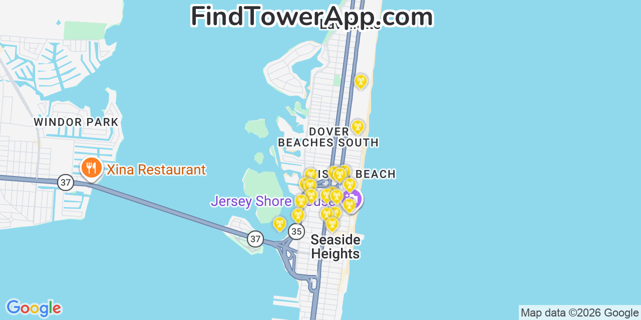 Map showing the 20 primary cell tower locations detected in Dover Beaches South, New Jersey from AT&T, Verizon, and T-Mobile networks