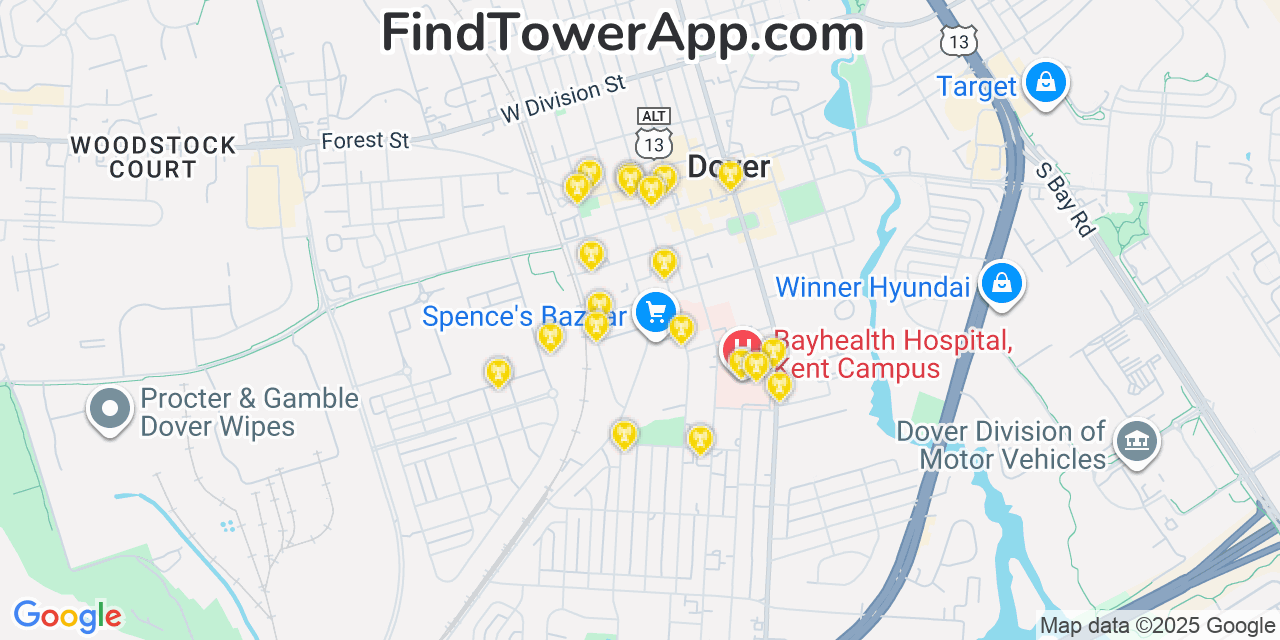 Map showing the 20 primary cell tower locations detected in Dover, Delaware from AT&T, Verizon, and T-Mobile networks