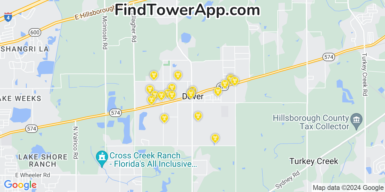 AT&T 4G/5G cell tower coverage map Dover, Florida