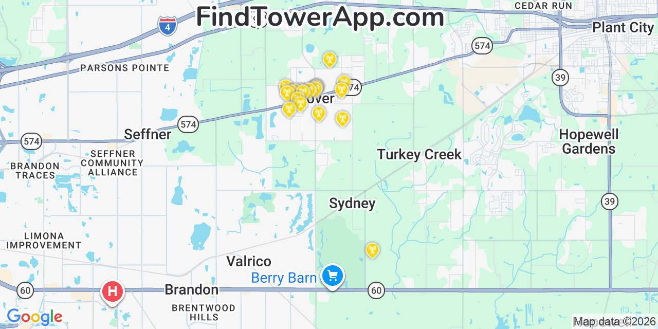 Map showing the 20 primary cell tower locations detected in Dover, Florida from AT&T, Verizon, and T-Mobile networks
