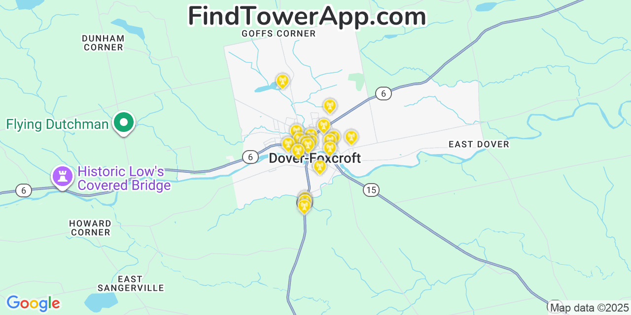 Map showing the 20 primary cell tower locations detected in Dover-Foxcroft, Maine from AT&T, Verizon, and T-Mobile networks