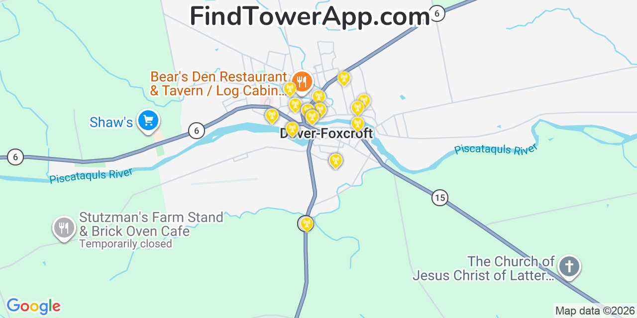 Map showing the 20 primary cell tower locations detected in Dover Foxcroft, Maine from AT&T, Verizon, and T-Mobile networks