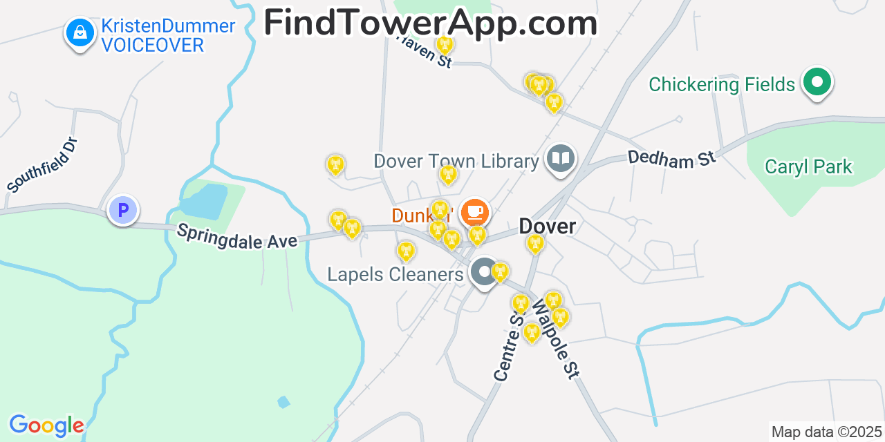 Map showing the 20 primary cell tower locations detected in Dover, Massachusetts from AT&T, Verizon, and T-Mobile networks