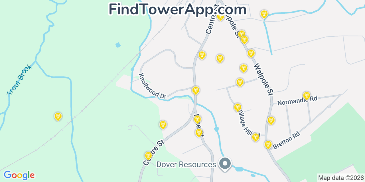 Map showing the 20 primary cell tower locations detected in Dover, Massachusetts from AT&T, Verizon, and T-Mobile networks