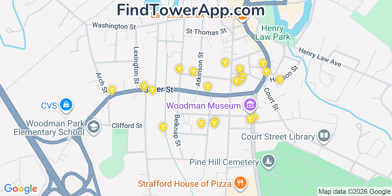 Map showing the 20 primary cell tower locations detected in Dover, New Hampshire from AT&T, Verizon, and T-Mobile networks