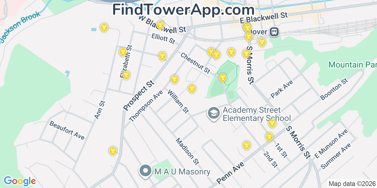 Map showing the 20 primary cell tower locations detected in Dover, New Jersey from AT&T, Verizon, and T-Mobile networks