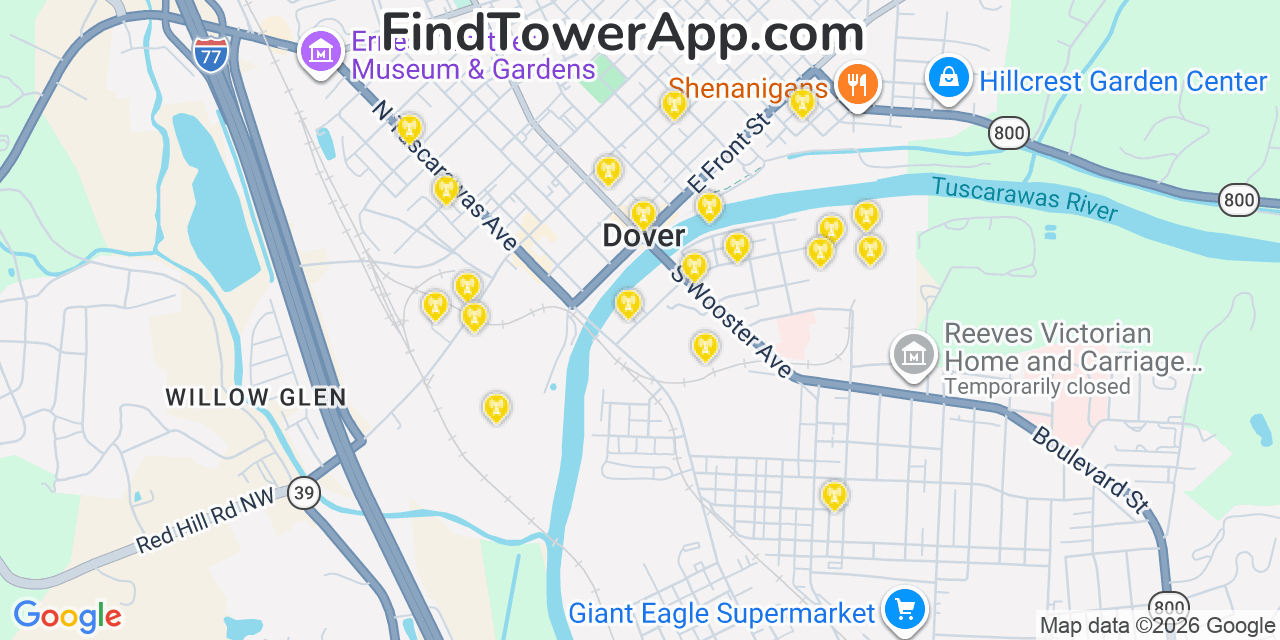 Map showing the 20 primary cell tower locations detected in Dover, Ohio from AT&T, Verizon, and T-Mobile networks
