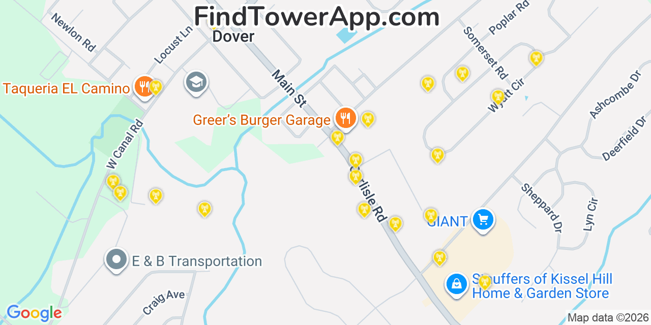 Map showing the 20 primary cell tower locations detected in Dover, Pennsylvania from AT&T, Verizon, and T-Mobile networks