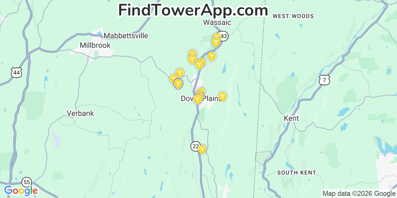 Map showing the 20 primary cell tower locations detected in Dover Plains, New York from AT&T, Verizon, and T-Mobile networks