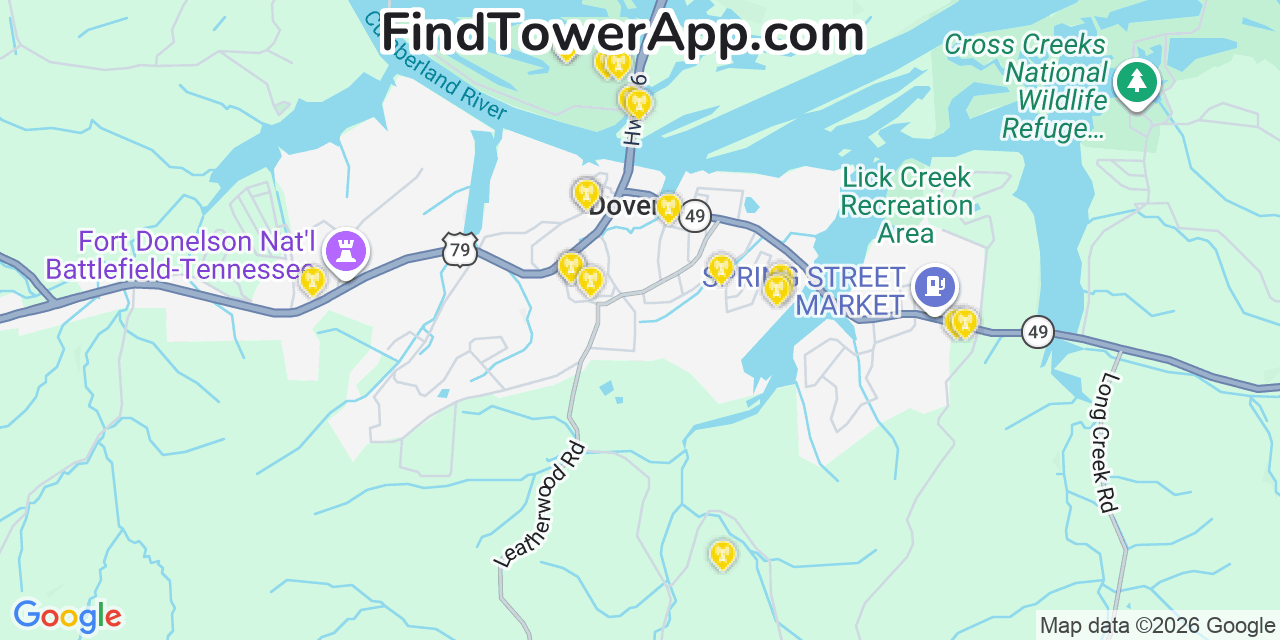Map showing the 20 primary cell tower locations detected in Dover, Tennessee from AT&T, Verizon, and T-Mobile networks