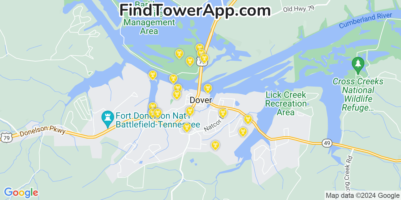Verizon 4G/5G cell tower coverage map Dover, Tennessee