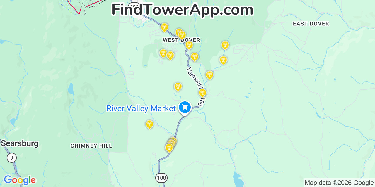 Map showing the 20 primary cell tower locations detected in Dover, Vermont from AT&T, Verizon, and T-Mobile networks