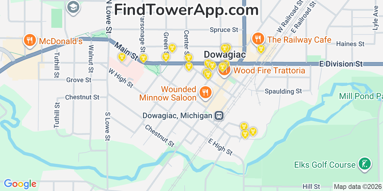 Map showing the 20 primary cell tower locations detected in Dowagiac, Michigan from AT&T, Verizon, and T-Mobile networks