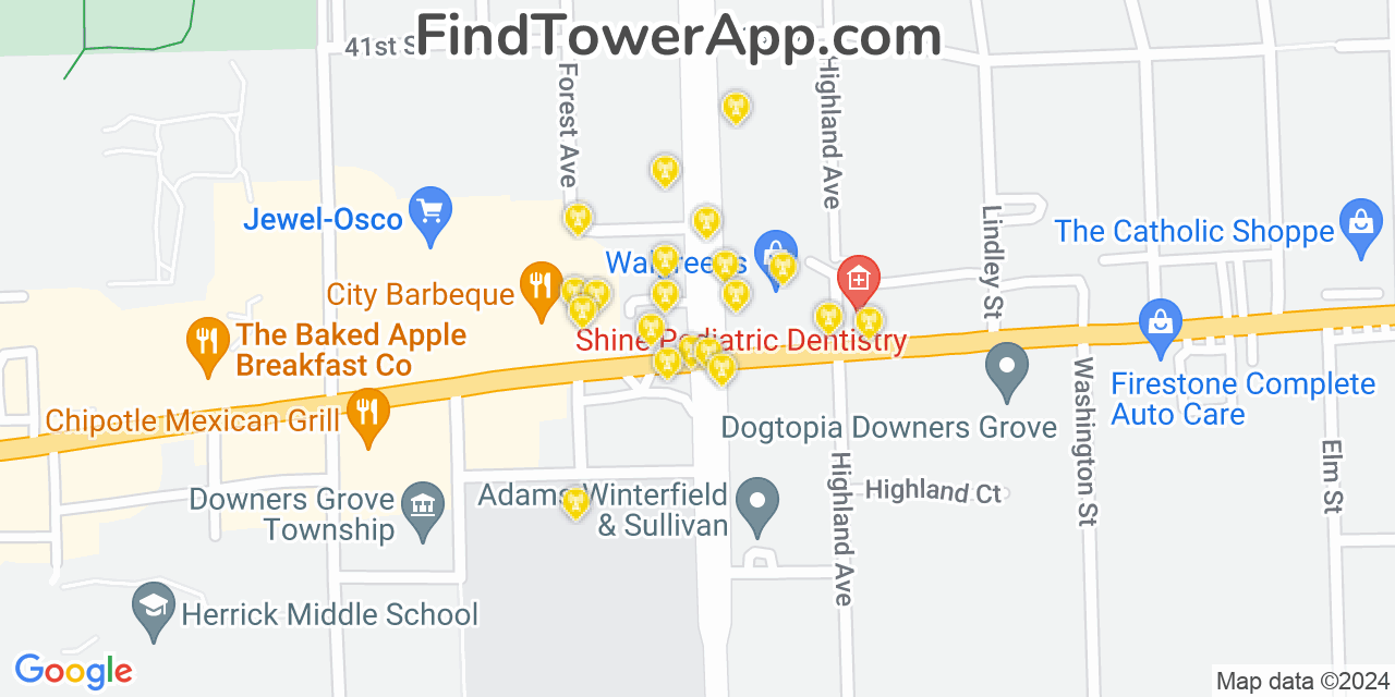 AT&T 4G/5G cell tower coverage map Downers Grove, Illinois