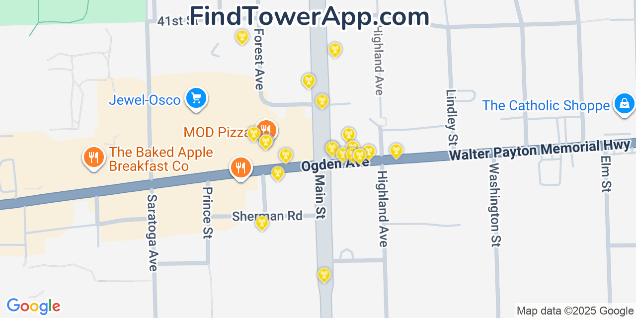 Map showing the 20 primary cell tower locations detected in Downers Grove, Illinois from AT&T, Verizon, and T-Mobile networks