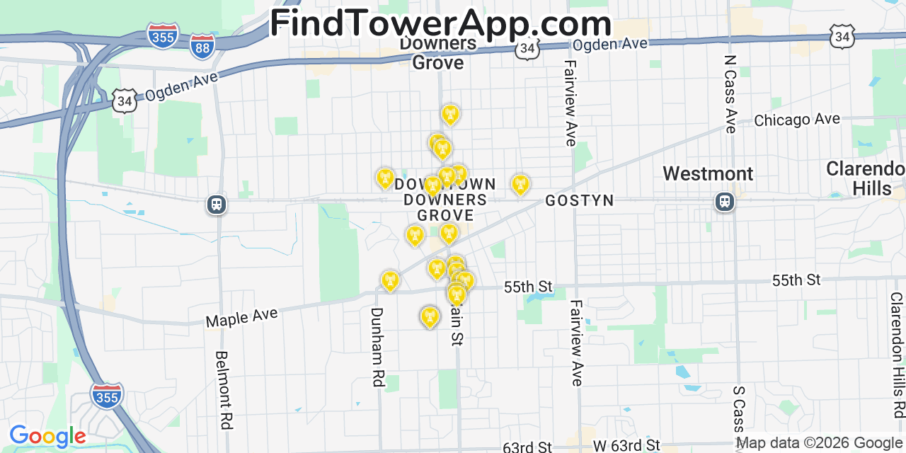 Map showing the 20 primary cell tower locations detected in Downers Grove, Illinois from AT&T, Verizon, and T-Mobile networks