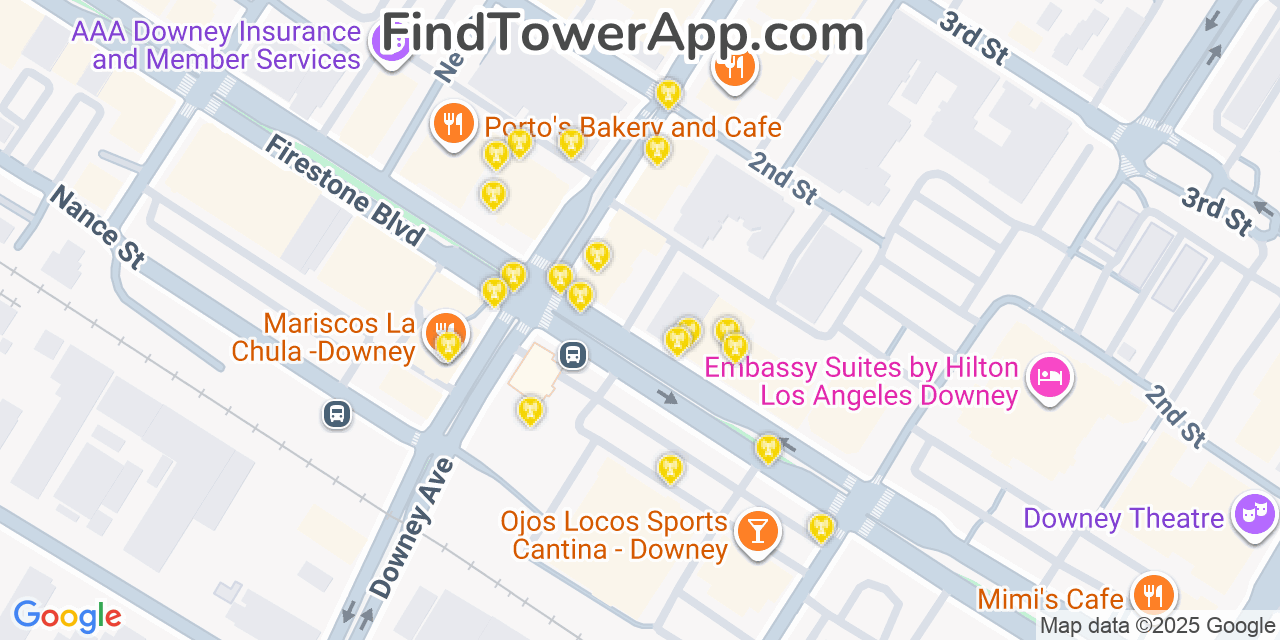 Map showing the 20 primary cell tower locations detected in Downey, California from AT&T, Verizon, and T-Mobile networks