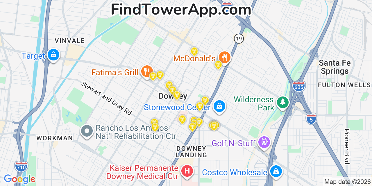 Map showing the 20 primary cell tower locations detected in Downey, California from AT&T, Verizon, and T-Mobile networks