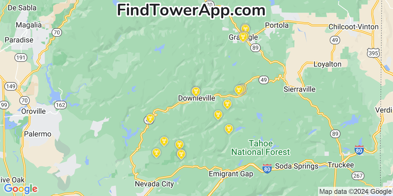 AT&T 4G/5G cell tower coverage map Downieville, California